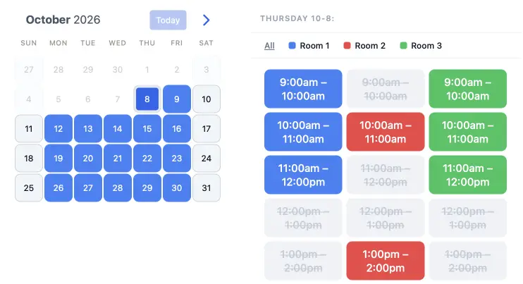 SuperSaaS booking widget showing available time slots per room