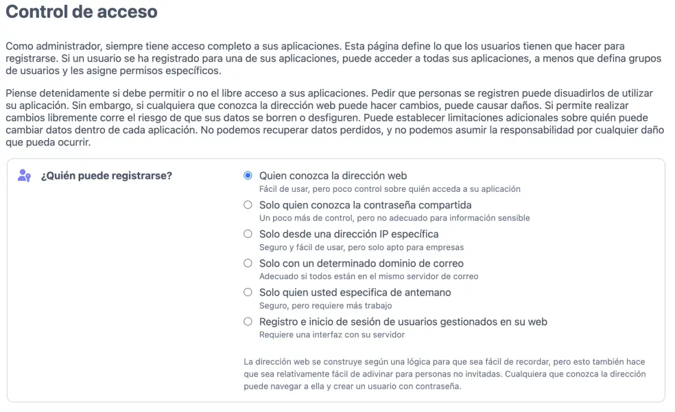 Opciones de control de acceso