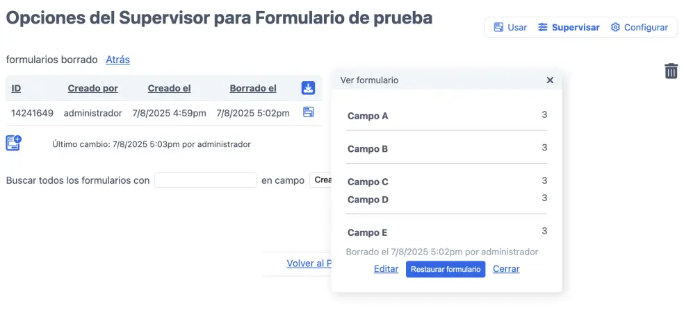 Resumen de formularios en la papelera