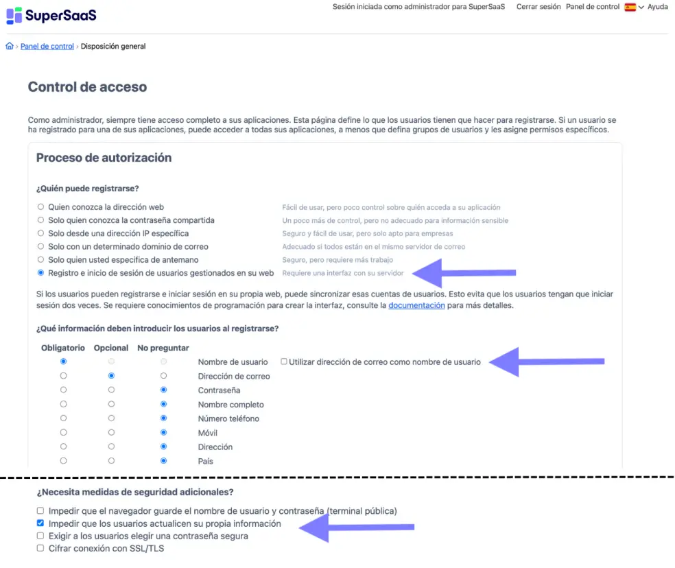 Control de acceso SuperSaaS