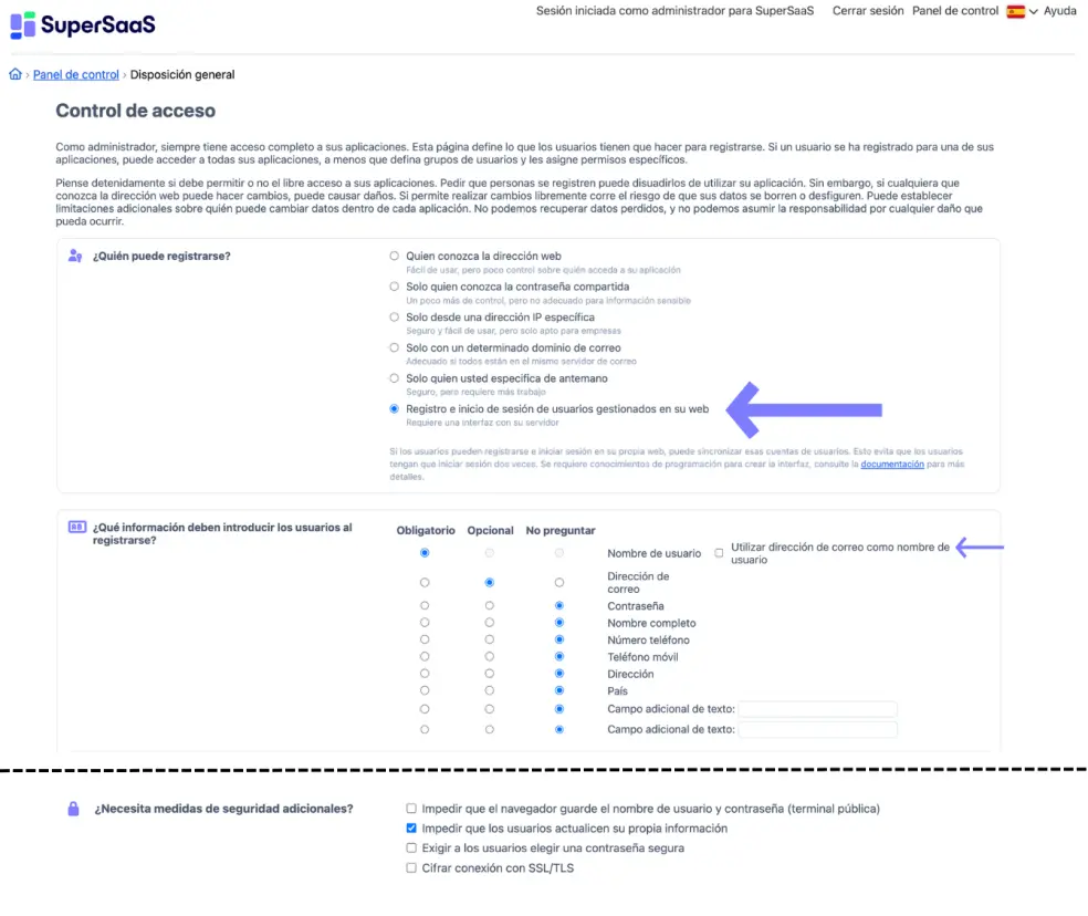 Control de acceso SuperSaaS