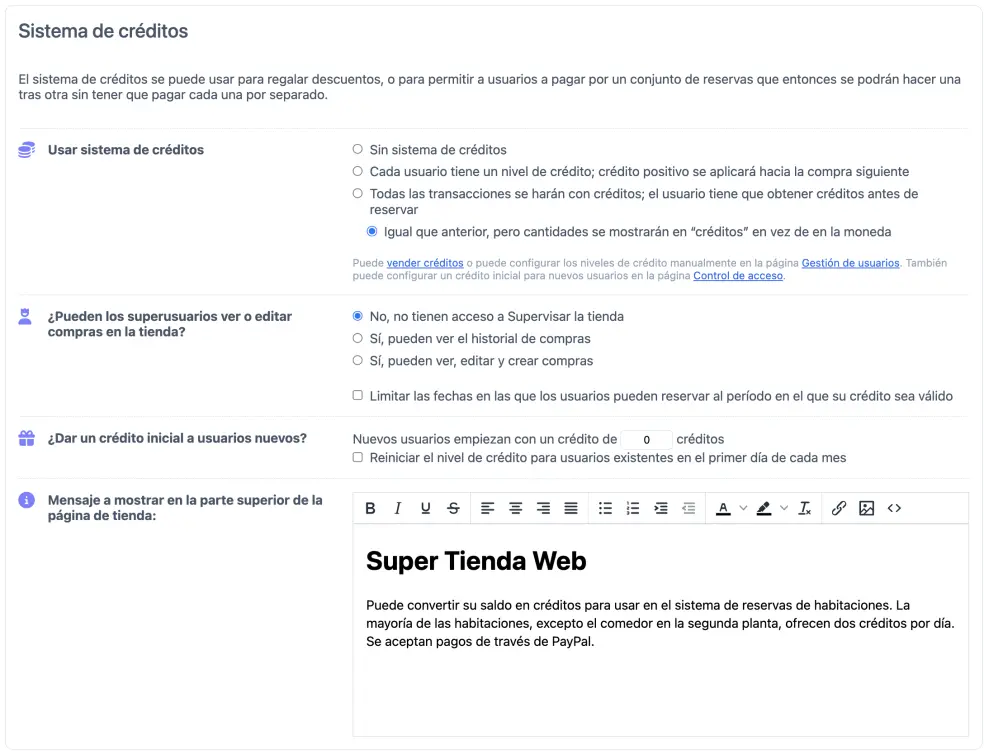 Configurar el sistema de créditos