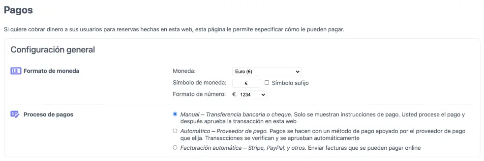 Configuración de pago manual