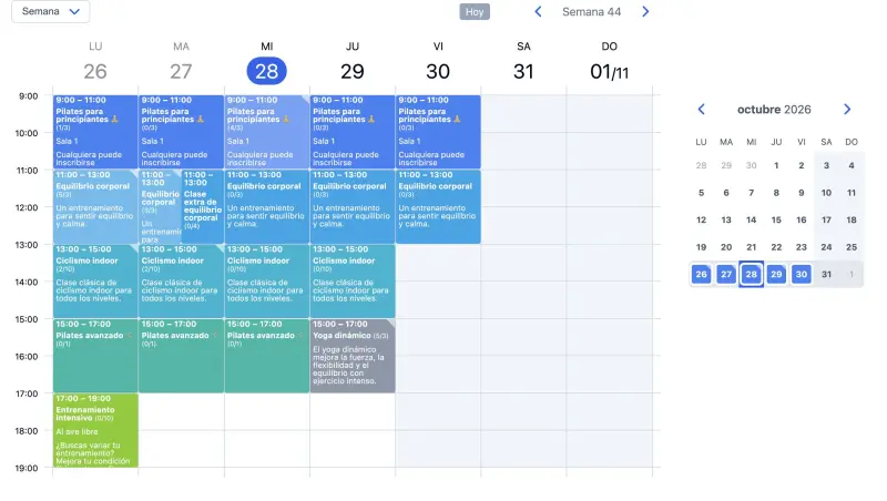 Ejemplo de agenda de SuperSaaS en un equipo de escritorio para clases de yoga o pilates