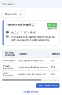 Software de reservas de golf de SuperSaaS en un móvil para gestionar clases y tee times