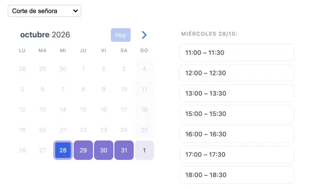 Widget de reservas para peluquería a domicilio de SuperSaaS integrado en una web