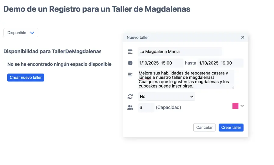 Diálogo de añadir de taller de magdalenas