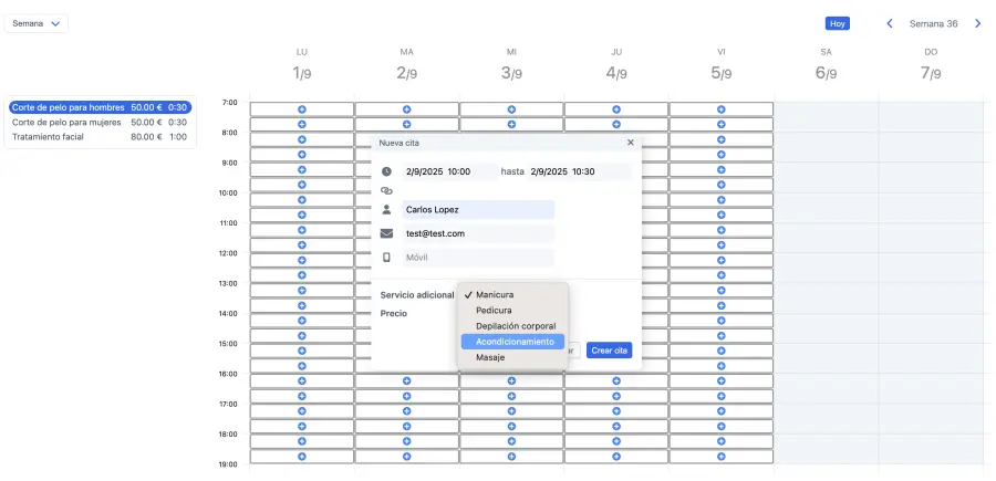 Crear una reserva en tu horario de citas online