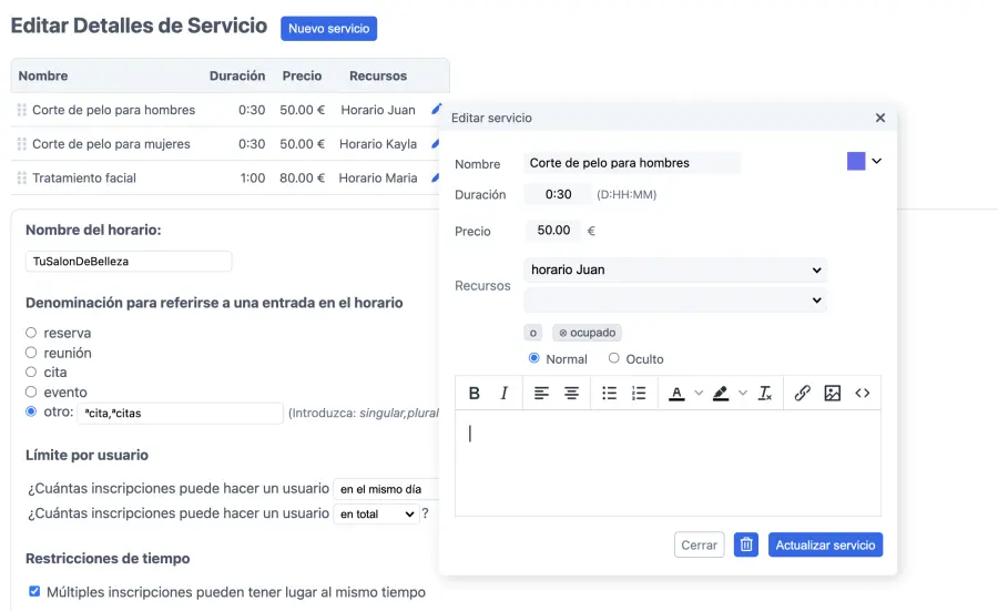 Añadir nuevos servicios a tu calendario de reservas de salón