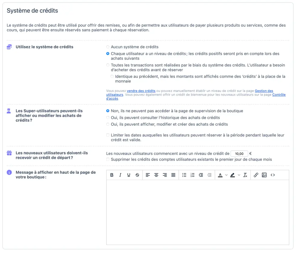 Configuration du système de crédits