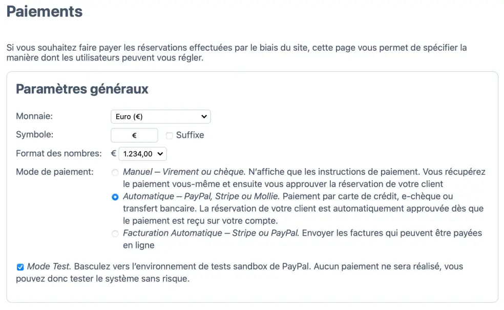 Configuration du mode de tests