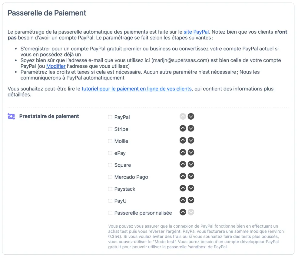 Configuration du mode de tests