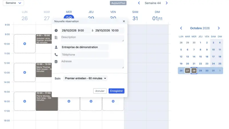 Exemple d’un planning SuperSaaS sur un ordinateur pour des services de thérapie.