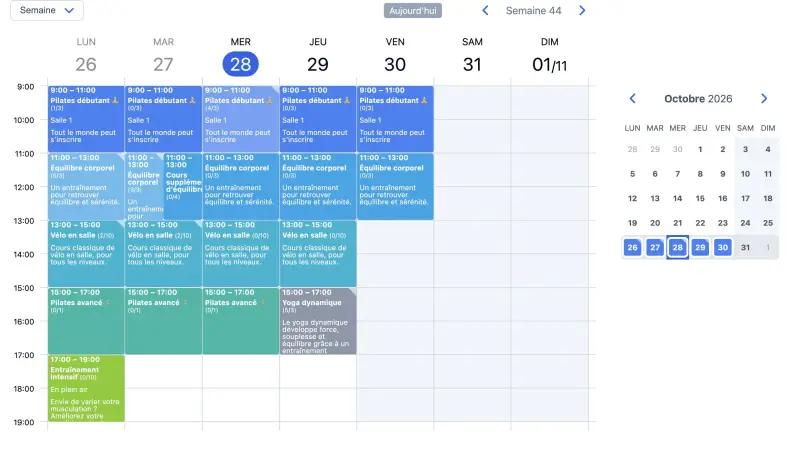 Exemple de planning SuperSaaS sur un ordinateur pour les salles de sport et studios de fitness.