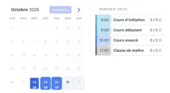 Exemple d’un widget de type agenda SuperSaaS sur une tablette pour des leçons d’équitation