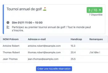 Exemple d’un widget SuperSaaS pour l’agenda sur tablette pour les heures de départ et les leçons