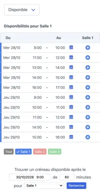 Exemple de planning SuperSaaS sur un appareil mobile pour des salles de conférence et de réunion