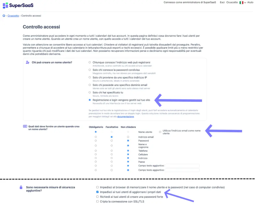 Controllo accessi a SuperSaaS