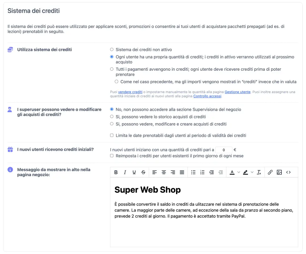 Configurare il sistema dei crediti