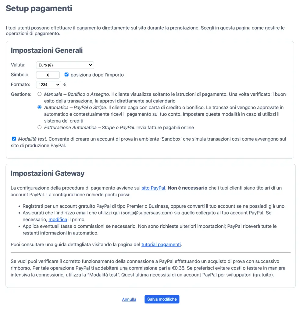 Configurare i pagamenti online