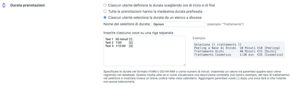 Opzioni del selettore di durata