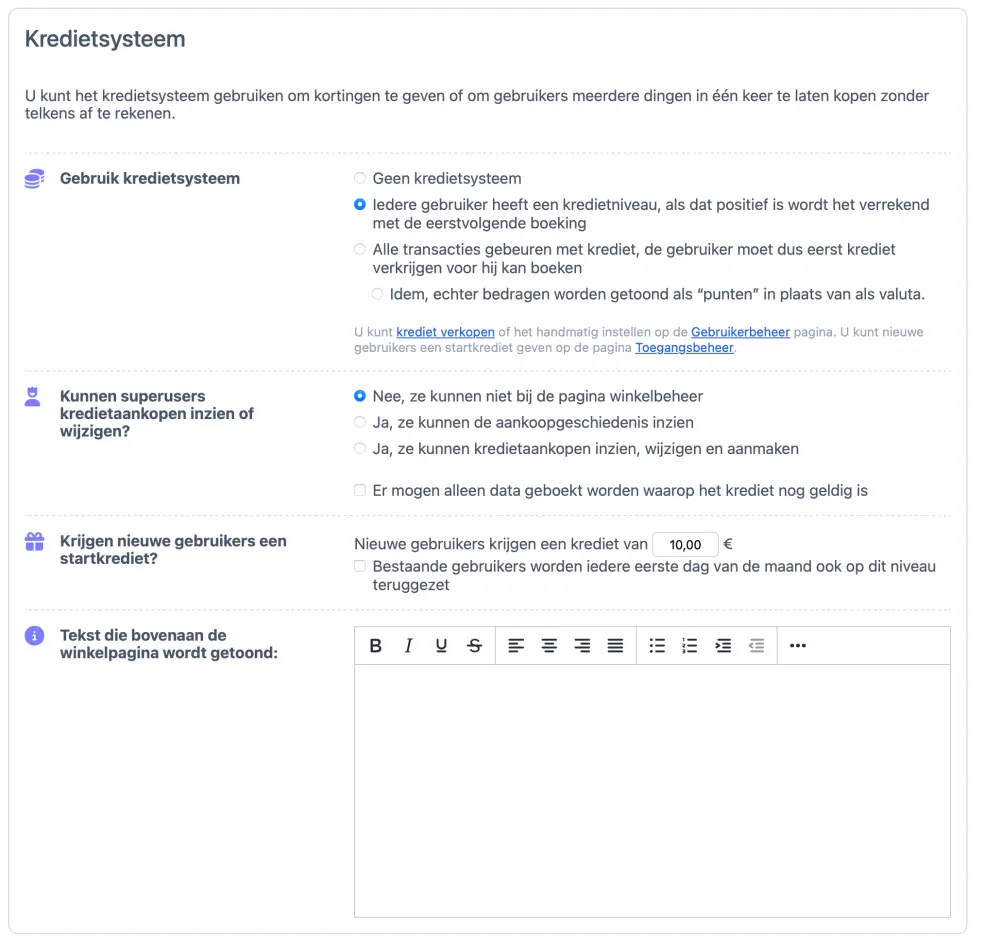 Het kredietsysteem instellen