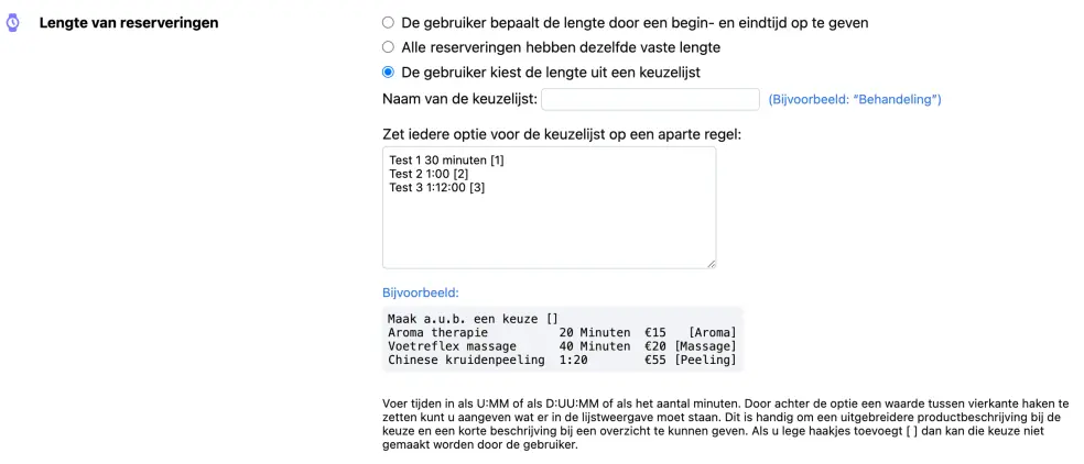 Selectielijst met lengte-opties