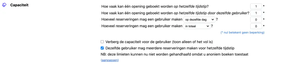 Limieten per opening (capaciteitsagenda)