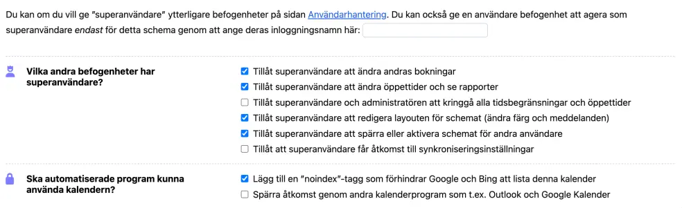 Åtkomstinställningar för superanvändare