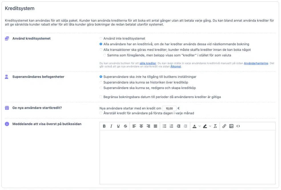 Att ställa in kreditsystemet