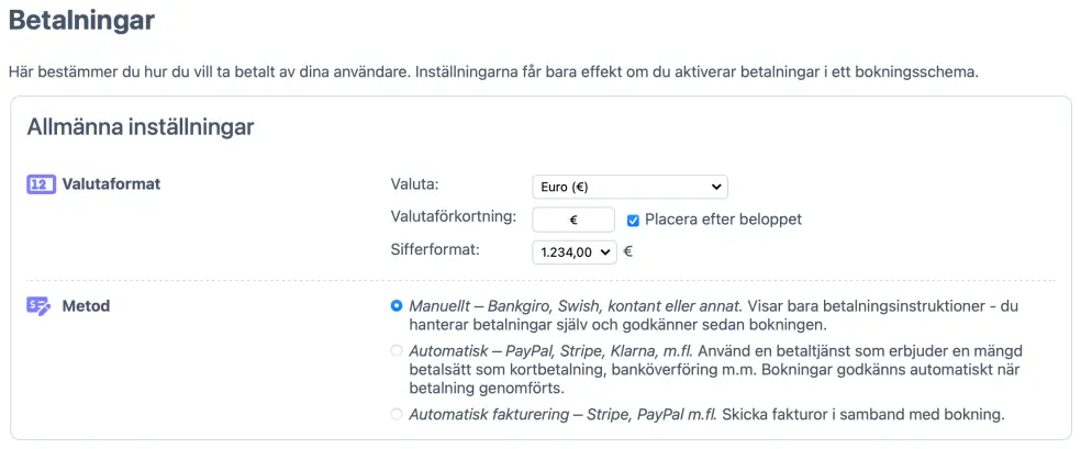Inställningar för manuella betalningar