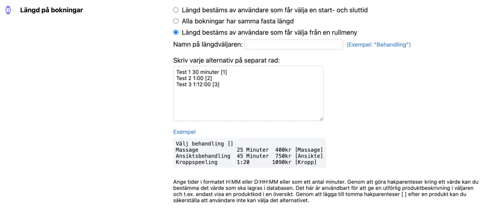 Lista med alternativ för längdväljaren
