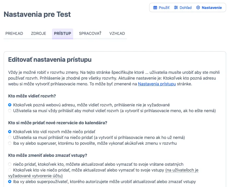 Nastavenie prístupu