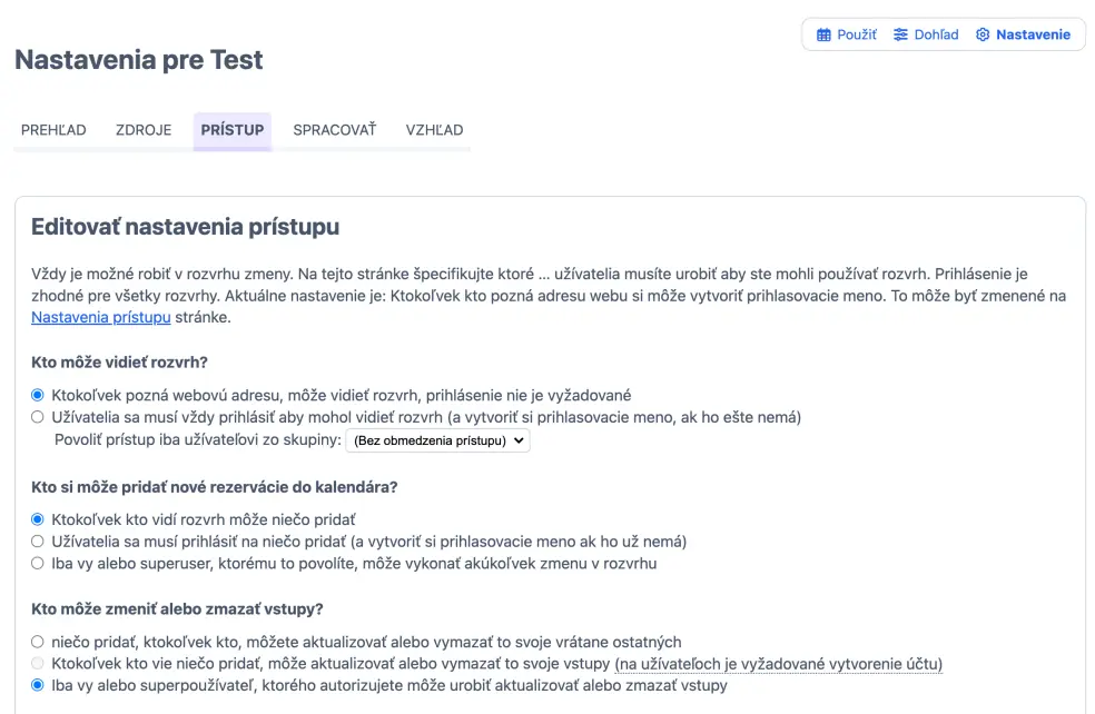 Nastavenie prístupu