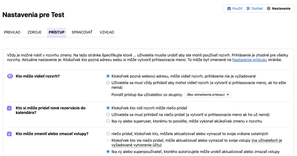 Nastavenie prístupu