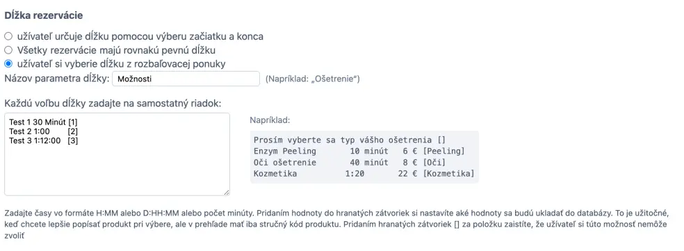 Výberový zoznam s možnosťami pre výber dĺžky