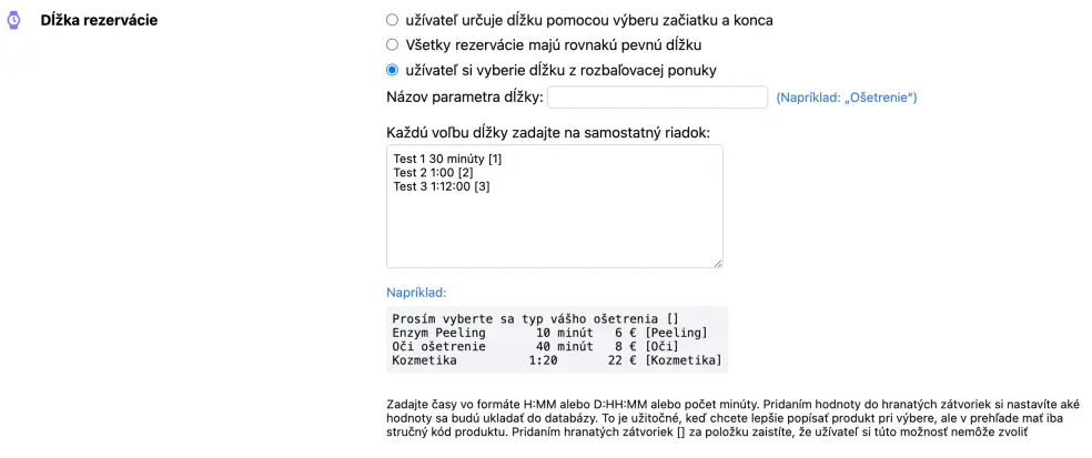 Výberový zoznam s možnosťami pre výber dĺžky