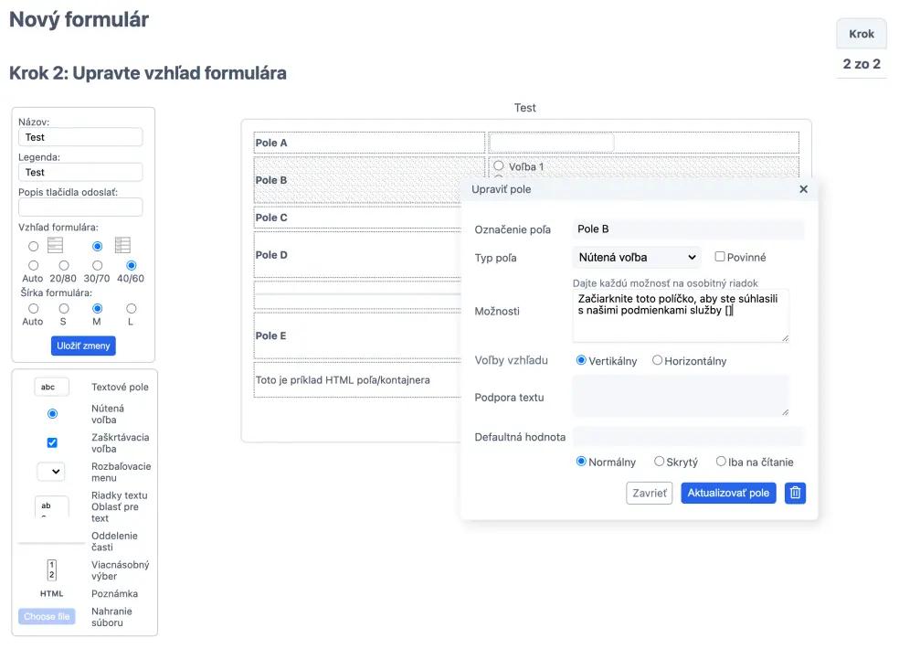 Pridávanie polí do nového formulára