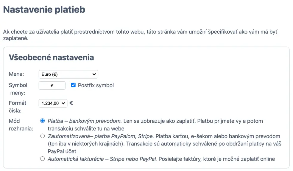 Nastavenie manuálnej platby