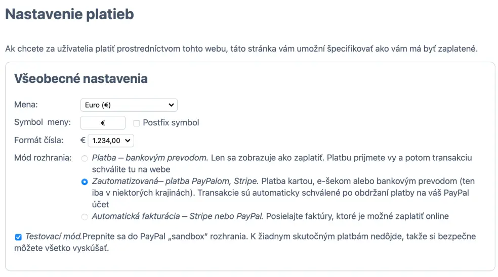 Nastavenia testovacieho módu