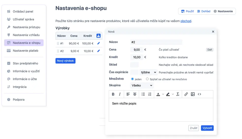 Pridanie produktov, tj. kreditov, do obchodu