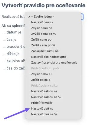 Rozbaľovacia ponuka na pridanie daní