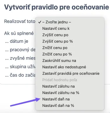 Rozbaľovacia ponuka na pridanie daní