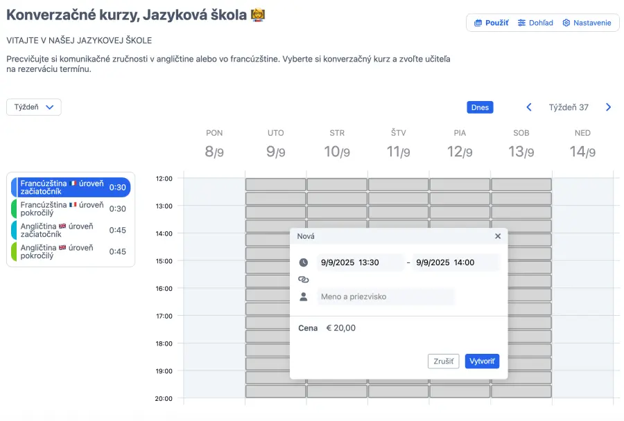Záložka služieb jazykovej školy