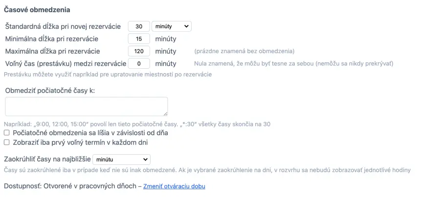 pridanie časových obmedzení do rezervácií