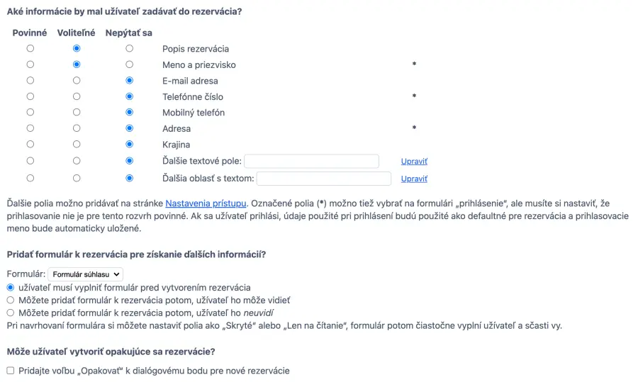 nastavenie vstupných polí v rozvrhu