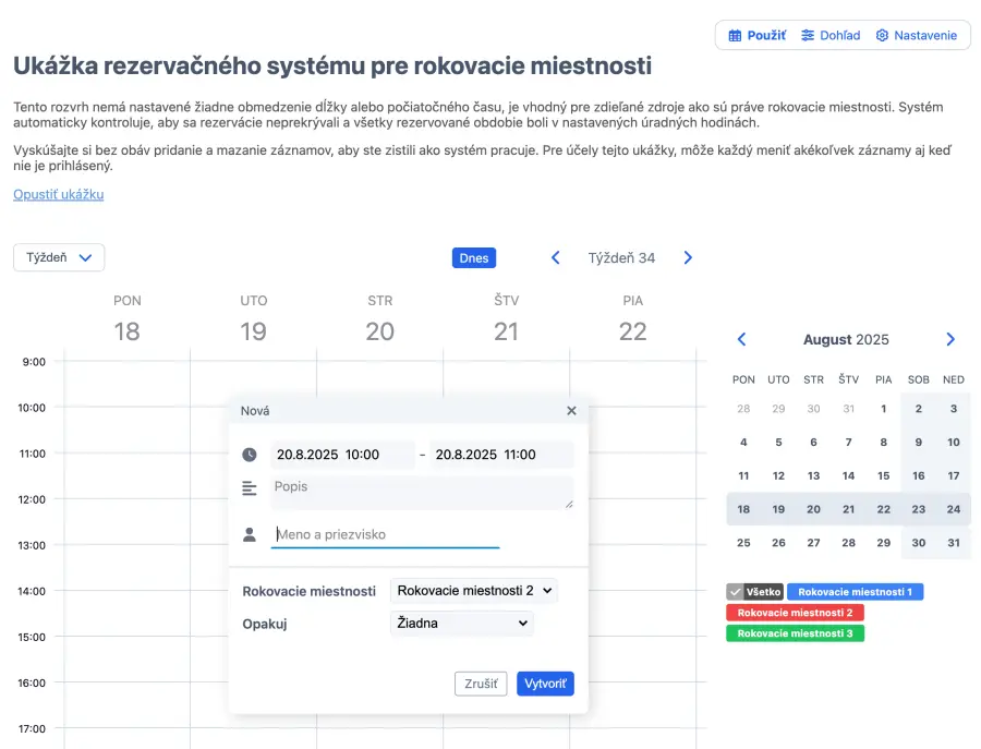 vytvorenie novej rezervácie zasadačky