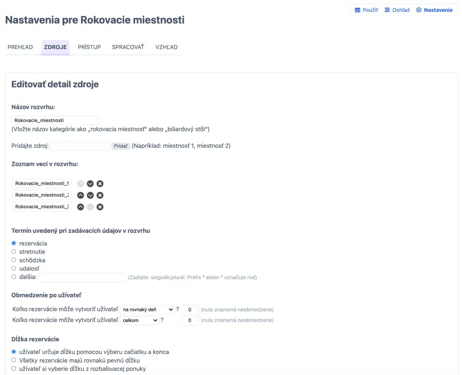správa konfigurácie rezervácie zasadačiek