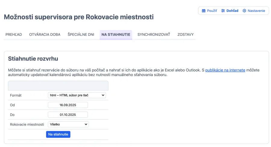 stiahnutie rezervácií zasadačiek